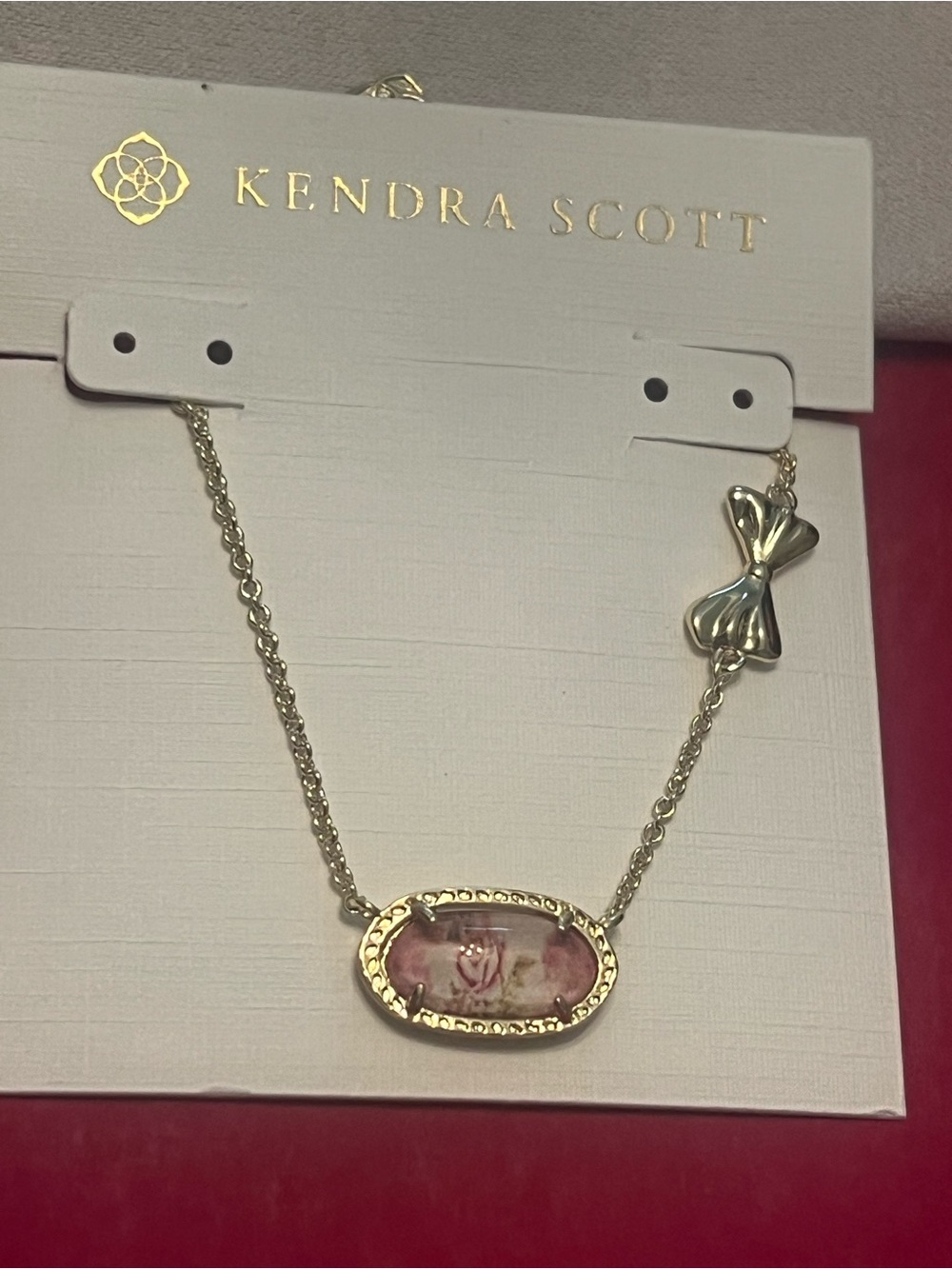 Kendra Scott Pink Floral Rose Pendant Bow Necklace Gold Tone NEW